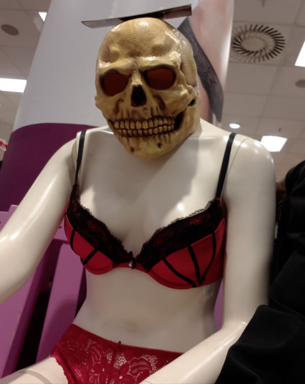 Mannequin in Lingerie with a skull mask as Head